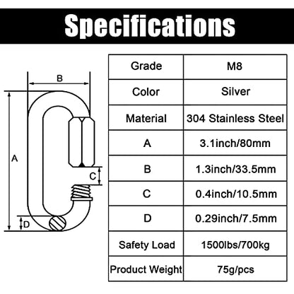 Anvin 2 Pack Quick Link M8 5/16 Inch Heavy Duty Carabiner D Shape Chain Links 1500LB Capacity Repair Utility Links Safety Chain Connector for Camping Outdoor Equipment Locking Hammocks Harness Leash - style: Oval, 3 Inch, 2 Pack