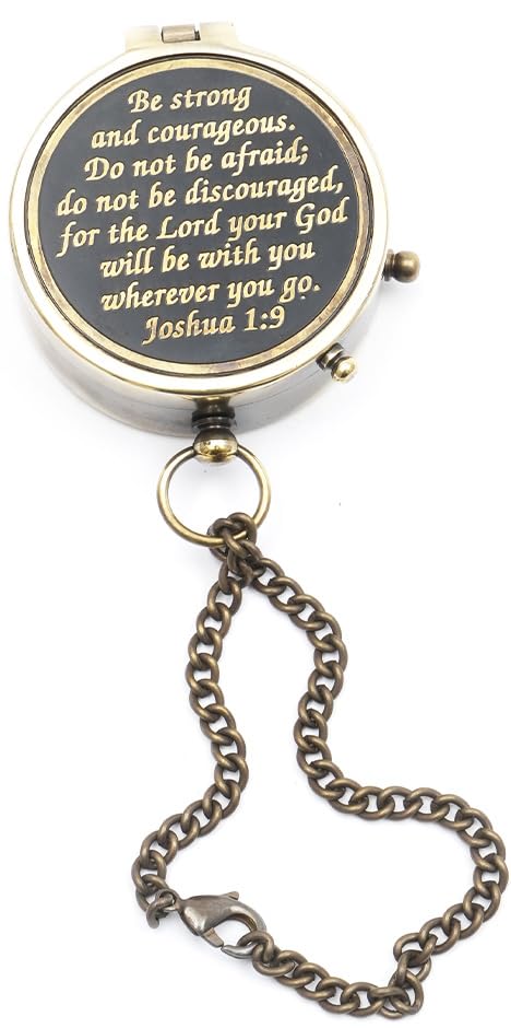 Be Strong and Courageous Do Not Be Afraid Brass Engraved Compass Black dial, with Stamped Wooden case, Birthday Gifts, Confirmation Gifts Ideas, Baptism Gifts,