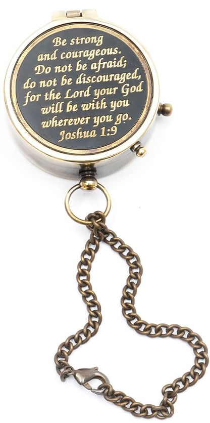 Be Strong and Courageous Do Not Be Afraid Brass Engraved Compass Black dial, with Stamped Wooden case, Birthday Gifts, Confirmation Gifts Ideas, Baptism Gifts,