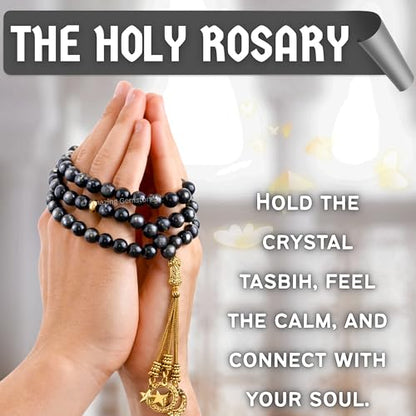 Amazing Gemstone Crystal Tasbeeh with Moon and Star Charm - Certified Crystal Muslim Prayer Beads Natural Gemstone Tasbih Gift for Ramadan Dhikr and Daily Namaz (G) - color: Silver Sheen Obsidian