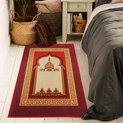 Muslim Prayer Rug Turkish Islamic Prayer Mat Thick Praying Carpet Janamaz Sajjadah Namaz Seccade Arabic Prayer Rug for Eid Ramadan - color: Red