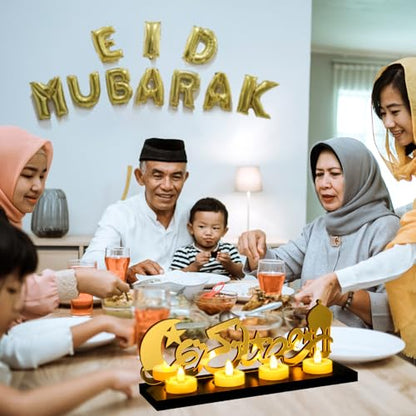 Rossesay Islamic Decorations Islamic Candle Holder with LED Tea Candles Wooden Acrylic Islamic Tabletop Decors Ramadan Kareem Eid Mubarak Sign Muslim Gifts for Home Table Party Decorations(Novelty)