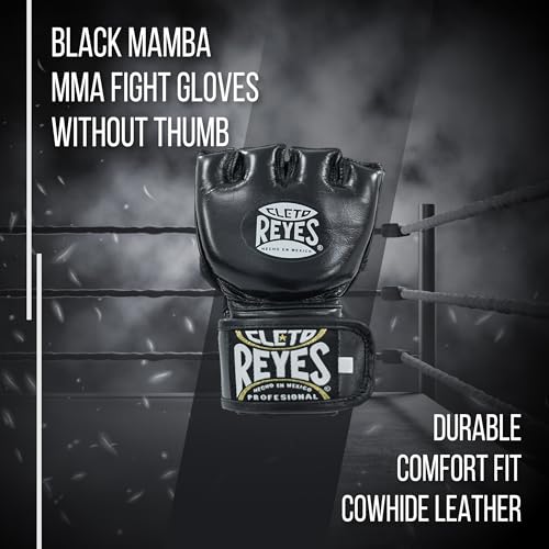 CLETO REYES Black Mamba MMA Fight Punching Fighting Gloves for Men and Women, Cowhide Leather, Without Thumb, Black - size: Large