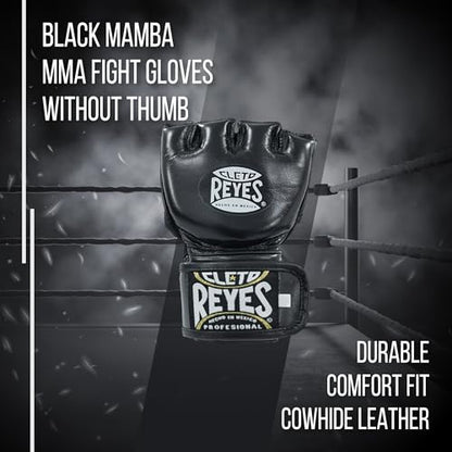 CLETO REYES Black Mamba MMA Fight Punching Fighting Gloves for Men and Women, Cowhide Leather, Without Thumb, Black - size: Medium