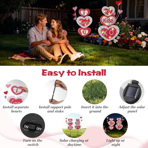 Lewondr 2 Pcs Valentine's Day Decorations Outdoor, Metal Solar Pathway Lights, Love Heart Decorative Garden Stakes Lights with 18 LED Beads, Waterproof Yard Signs for Porch Lawn Wedding Anniversary - style: Love Heart