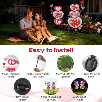 Lewondr 2 Pcs Valentine's Day Decorations Outdoor, Metal Solar Pathway Lights, Love Heart Decorative Garden Stakes Lights with 18 LED Beads, Waterproof Yard Signs for Porch Lawn Wedding Anniversary - style: Love Heart