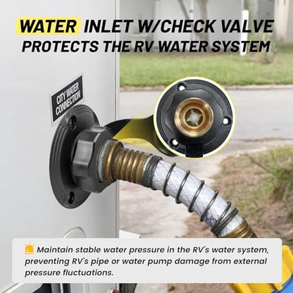 Oyviny RV City Water Inlet with Check Valve, Lead-free Brass RV Fresh Water Inlet 3/4 NH Female to 1/2 NPT Male Connection, Water Fill Inlet Flange Replacement for Camper Trailer Motorhome Marine