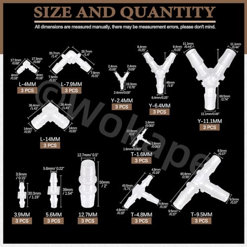 36Pcs Plastic Hose Barb Fitting Kit, 3/32" 5/32" 7/32" 1/16" 3/16" 5/16" 7/16" 9/16" 3/8" 1/4" 1/2" Stright/L/T/Y-Shaped Reducer fittings Pipe Connectors Aquarium Union Joint Splicer Adapter - style: Style 2