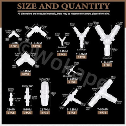 36Pcs Plastic Hose Barb Fitting Kit, 3/32" 5/32" 7/32" 1/16" 3/16" 5/16" 7/16" 9/16" 3/8" 1/4" 1/2" Stright/L/T/Y-Shaped Reducer fittings Pipe Connectors Aquarium Union Joint Splicer Adapter - style: Style 2