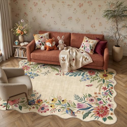 4x6 Floral Beige Scalloped Area Rug - color: Beige, size: 4' x 6' (Scalloped)