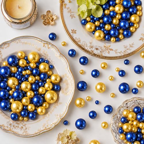 UDU 200 Pcs Vase Filler Pearl Beads No Hole Faux Polish Pearls for Centerpieces Vases Beads for vases Home Birthday Wedding Party Table Decor (Blue and Gold) - color: Blue and Gold