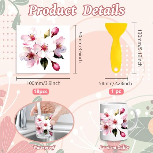 Peacoblue 18 Sheets Rub on Transfers for Crafts, Cherry Blossom 3.6"x3.9" UV DTF Cup Wraps Waterproof Rub on Cold Transfers Stickers for Wood Glass Metal Cup Tumblers Mirrors Mugs Home Decor - style: Cherry Blossom