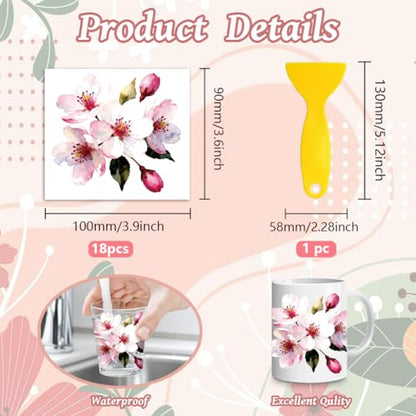 Peacoblue 18 Sheets Rub on Transfers for Crafts, Cherry Blossom 3.6"x3.9" UV DTF Cup Wraps Waterproof Rub on Cold Transfers Stickers for Wood Glass Metal Cup Tumblers Mirrors Mugs Home Decor - style: Cherry Blossom