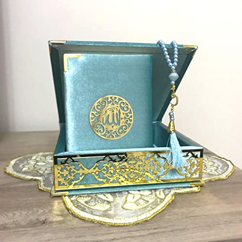 Velvet Covered Quran and Pearl Tasbih in Wooden Decorative Box | Quran Gift Box | Islamic Gift Set | Islamic Birthday, Wedding Gift | Muslim Eid Ramadan Gift (Blue) - color: Blue