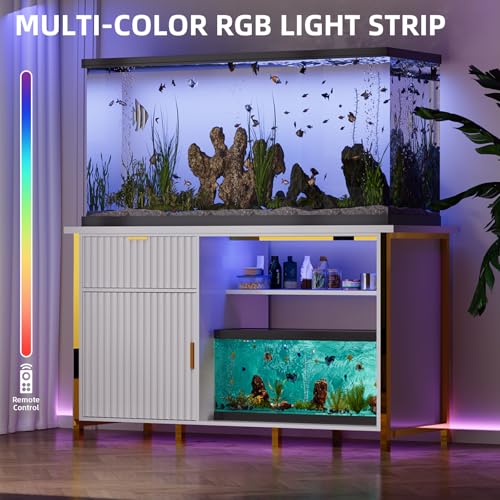 55-75 Gallon Fish Tank Stand with Power Outlets, LED Light, Vertical Lines, Heavy Duty Aquarium Stand with Cabinet for Fish Tank Accessories Storage, Turtle Tank, Reptile Terrarium, 1100LBS, White - color: White and Gold