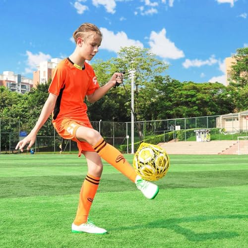 PodiuMax Handle Solo Soccer Kick Trainer with New Ball Locked Net Design, Soccer Ball Bungee Elastic Training Juggling Net (Fits Ball Size 3, 4, 5) - color: yellow