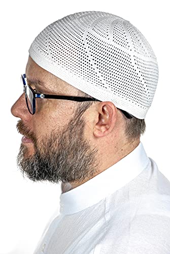 ihvan online Turkish Muslim Lux Knitting Kufi Hats for Men, Taqiya, Takke, Peci, Islamic Caps, Islamic Gifts, Standart Size - color: White