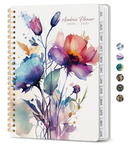 Planner 2026-2027, Academic Monthly and Weekly Calendar Planner for Women, July 2026 - June 2027, Hardcover Pretty Agenda Planner Book with Tabs, Spiral Daily Organizer for School Office Home Supplies, 6.3" x 8.5" - Painted Bloom - color: D-Painted Bloom,