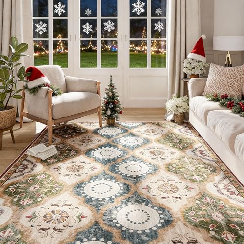 EnHomee Boho Chic 4x6 Washable Rug - Soft, Low Pile & Durable for High-Traffic Living Rooms & Bedrooms Stain Resistant, Non-Slip Easy Clean Carpet in Red&Green - color: Red & Green, size: 4x6