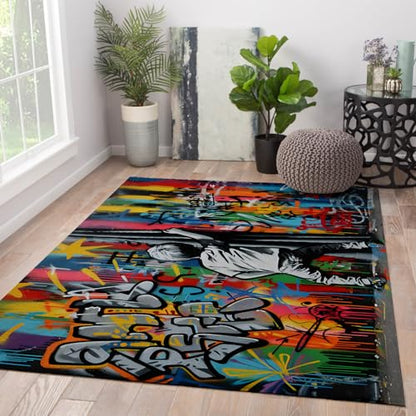 Boy Draws Curtain Entryway Rug Colorful Graffiti Rugs Creative Street Art Low Pile Rugs for Bedroom Study Playing Room Nursery 6'x10' - size: 6'x10'