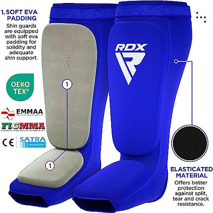 RDX Shin Guards Kickboxing Muay Thai, SATRA Approved, MMA Leg Instep Protection Pads, Sparring Training Martial Arts Boxing, Elasticated Padded Protector, Karate BJJ Taekwondo Gear, Men Women - color: Blue White, size: Medium