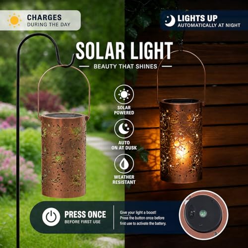 Solar Lantern Outdoor Waterproof with Sun Moon Stars Patterns, Garden Tangled Decor for Yard Patio Lawn Porch Backyard, Ramadan Light Unique Gifts for Women - style: (Bronze-4" Dia) Sun-Moon-Star