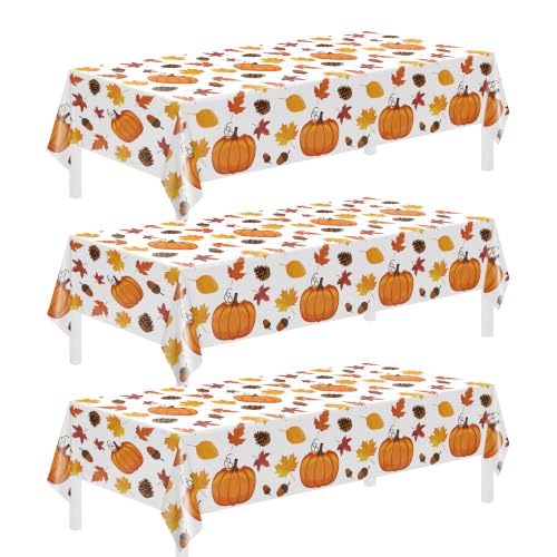 Childom 3 Pack Thanksgiving Tablecloth,Thanksgiving Decorations 54x108 Inch Disposable Plastic Tablecloth,Fall Pumpkin Maple Leaf Party Table Cover for Home Table Decor Dinner Birthday Party Supplies - color: Thanksgiving White