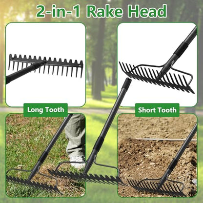 63 inch Bow Rake, 2-in-1 Metal Garden Lawn Rake for Weeding Digger Loosening Soil Raking Leaf Leveling Rocks Spreading Mulch Gravel 17 Tines Adjustable Garden Rake - style: 63 inch