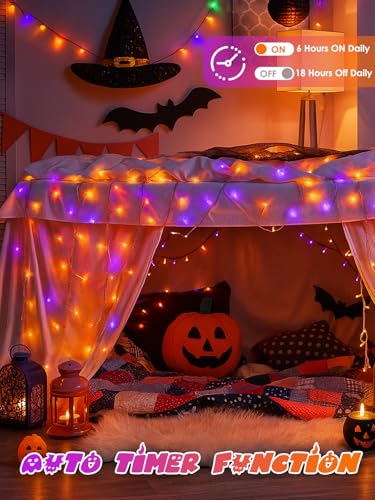 2 Pack 200 LED Battery Operated Halloween Lights, 8 Modes String Lights - color: Orange and Purple, size: 2PK(100LED)