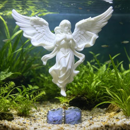 Floating Fish Tank Decorations,Aquarium Angel Decor - White Angel Ornament with Simulated Stone Weight,Betta Fish Tank Decorations,Cool Aquarium Decor for Beginner Fish Tanks