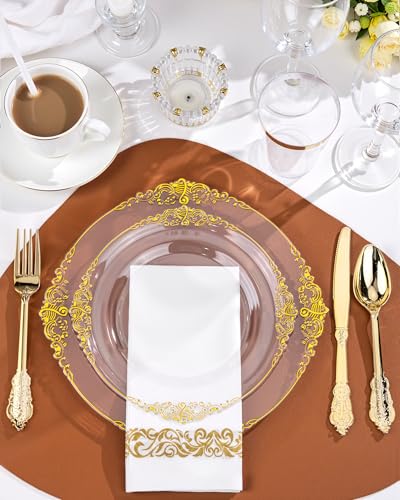 Nervure 175PCS Clear Gold Plastic Plates - Gold Disposable Dinnerware Set for 25 Guests Include 50 Disposable Plates, 75 Plastic Silverware, 25 Cups, 25 Napkins for Wedding & Party - color: Clear, style: 175Pcs(25Guests)