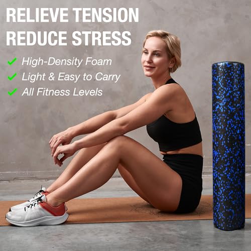 High-Density Round Foam Roller for Muscle Soreness Recovery, Exercise, Massage - 18", 24", 36" Blue Fleck (36 Inch) - size: 36 Inch