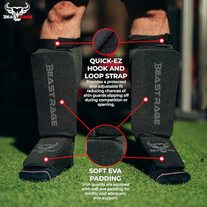 BEAST RAGE Shin Guards for Muay Thai, Kickboxing, MMA Leg Guards Martial Arts Taekwondo, Boxing, Elasticated Sock Padded Leg Instep Pads, Shin Pads,Sparring Training, Karate BJJ - color: BLACK, size: X-Large