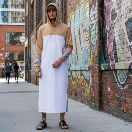 Men’s Hooded Thobe – Urban Long Sleeve Islamic Robe - White & Beige Kaftan for Eid, Prayer, Ramadan & Casual Outfits - size: Large