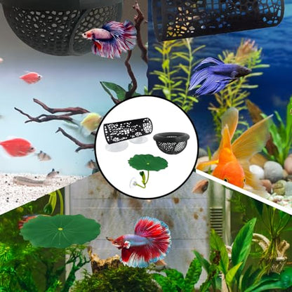 3-Piece Set Fish Tank Decor, Large Black and Small Black Decorations with Lotus, Betta Fish Toys for Aquarium, Beta Hammock for Fish Tank