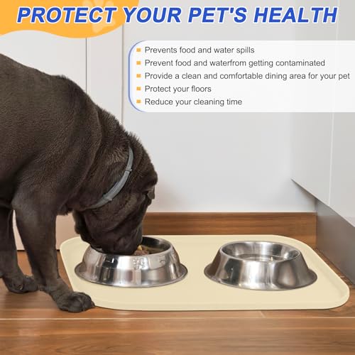 SMILOOL Silicone Pet Food Mat with Raised Edge for Food and Water Bowl, Dog Feeding Mats, Cat Food Trays for Floor Waterproof, Rubber Tray for Dogs and Cats, 24 x 16 x 0.8 White Sand(Yellow Cast)