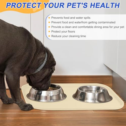 SMILOOL Silicone Pet Food Mat with Raised Edge for Food and Water Bowl, Dog Feeding Mats, Cat Food Trays for Floor Waterproof, Rubber Tray for Dogs and Cats, 24 x 16 x 0.8 White Sand(Yellow Cast)