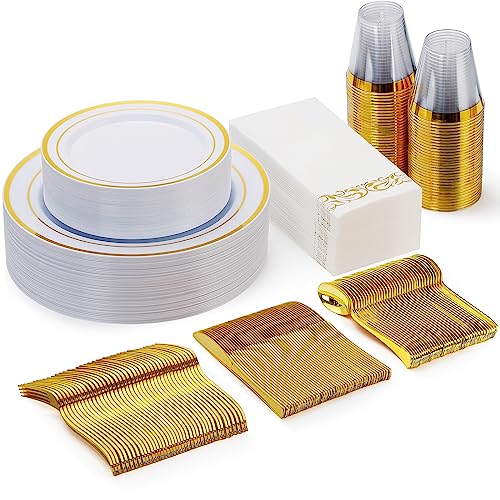 Goodluck 175 Pcs Gold Dinnerware Sets for 25 Guests, Disposable Plate Sets - color: Gold, style: 25 Guests