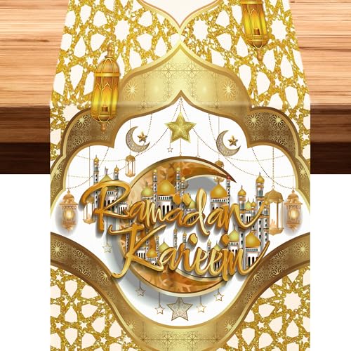 13 x 72 Inch Ramadan Kareem Table Runner Moon Star Gloden Mosque Eid Decorations for Kitchen Dining Table Decor Tablecloth for Home Office Seasonal Summer Holiday - color: Ramadan Kareem