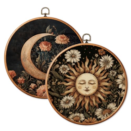 Chicimln Vintage Floral Moon Round Wall Art, Dark Cottagecore Botanical Flower Framed Canvas Prints, Gothic Witchy Lunar Wildflower Circle Wall Hanging Decor for Home Bedroom Living Room 10x10 Inch,set of 2 - color: Boho Sun 10