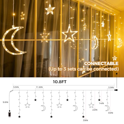 Ramadan Solar Icicle Lights,10.8ft 138 LED Outdoor Waterproof Moons Stars Curtain Window String with 8 Modes Timer Remote,USB Rechargeable Connectable Warm White Hanging Decor for Patio
