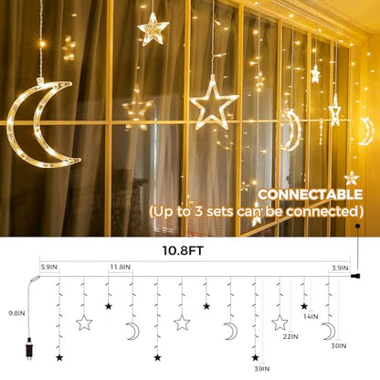 Ramadan Solar Icicle Lights,10.8ft 138 LED Outdoor Waterproof Moons Stars Curtain Window String with 8 Modes Timer Remote,USB Rechargeable Connectable Warm White Hanging Decor for Patio