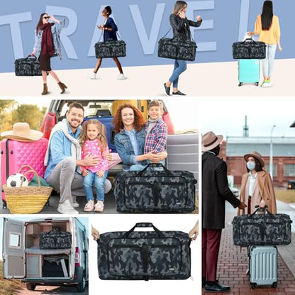 Fmeida 65L Duffle Bag with Shoes Compartment, Foldable Travel Duffel Bags for Men Women, Large Packable Travel Bag Water Repellent & Tear Resistant (BlackCamo) - color: Glossy BlackCamo