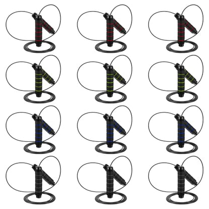 12 Pieces Jump Ropes with Ball Bearings, Adjustable Speed Jumping Rope with Foam Handles for Fitness, Exercise, Cardio Training for Men and Women, Red, Green, Black, Blue