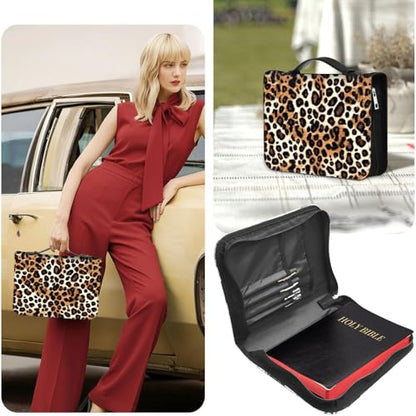 PU Leather Bible Cover with Handle & Pockets, Large Capacity Bible Case, Water-Resistant Scripture Organizer Bag with Bonus Card Holder, Christian Gift for Women & Men, Leopard Print - color: Leopard Print