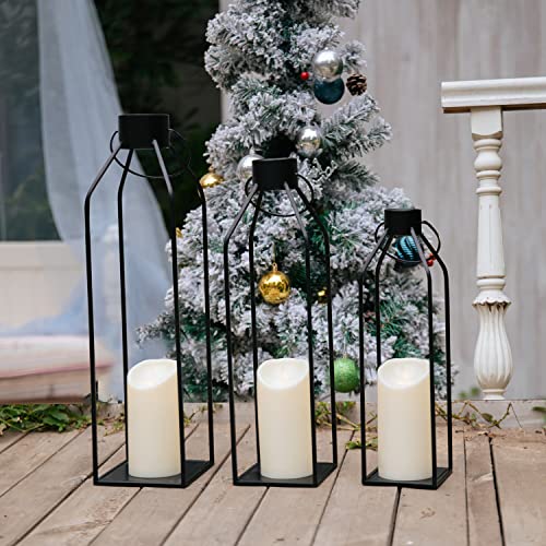 HPC Decor 55.9cm(22인치) 48.3cm(19인치) 48.6cm(16인치) 랜턴 장식, 깜박이는 타이머 캔들 포함 - 톨 라지 블랙 메탈 캔들 랜턴 3개 세트 - 실내, 실외, 탁상, 현관을 위한 현대적인 농가 장식 (유리 없음) - size: 22inch,19inch and 16inch（Black）