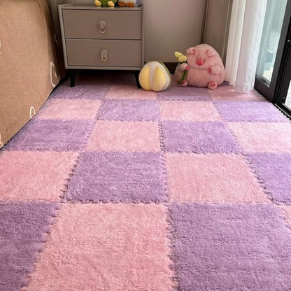 12pcs Carpet Squares Puzzle Floor Mat, Plush Interlocking Carpet Tiles, Anti Slip EVA Foam Jigsaw Floor Tiles, Build A Safe Area for Bedroom Playroom (Pink+Purple) - color: Pink+purple