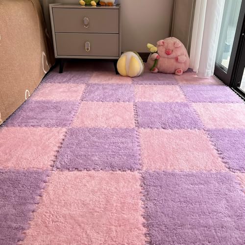 12pcs Carpet Squares Puzzle Floor Mat, Plush Interlocking Carpet Tiles, Anti Slip EVA Foam Jigsaw Floor Tiles, Build A Safe Area for Bedroom Playroom (Pink+Purple) - color: Pink+purple