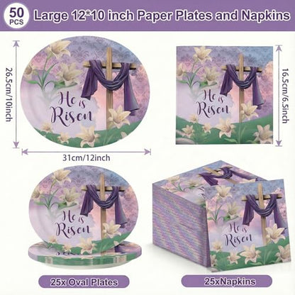 Dereinwo 50 Pcs Easter Large 12" x 10" Oval Paper Plates and Napkins Disposable Heavy Duty Paper Plates and Napkins for Easter Party Supplies - style: Easter