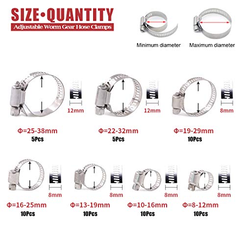 Hilitchi 60 Piece Adjustable 8-38mm Range Stainless Steel Worm Gear Hose Clamps Assortment Kit